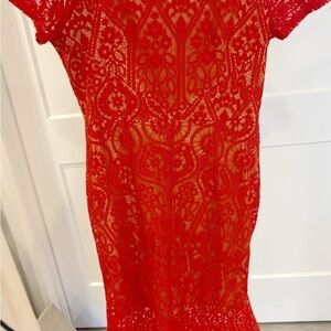 Eve Vibrant Red Lace Midi Dress